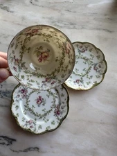Rare Haviland Limoges Trio From 1800s Hand Painted Pink Roses Gold Trim