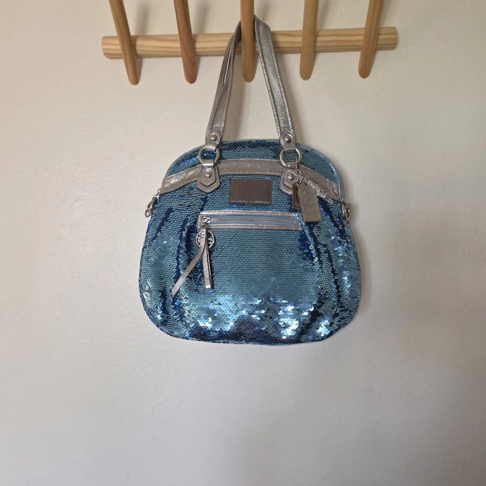 Coach POPPY Y2K Limited Edition Turquoise Silver Sequin Tote Bag Rare - Image 2 of 4