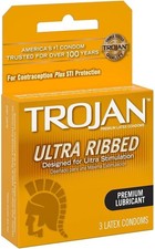 Trojan Ultra-Ribbed Lubricated Latex Condoms 3-Count Increased Stimulation