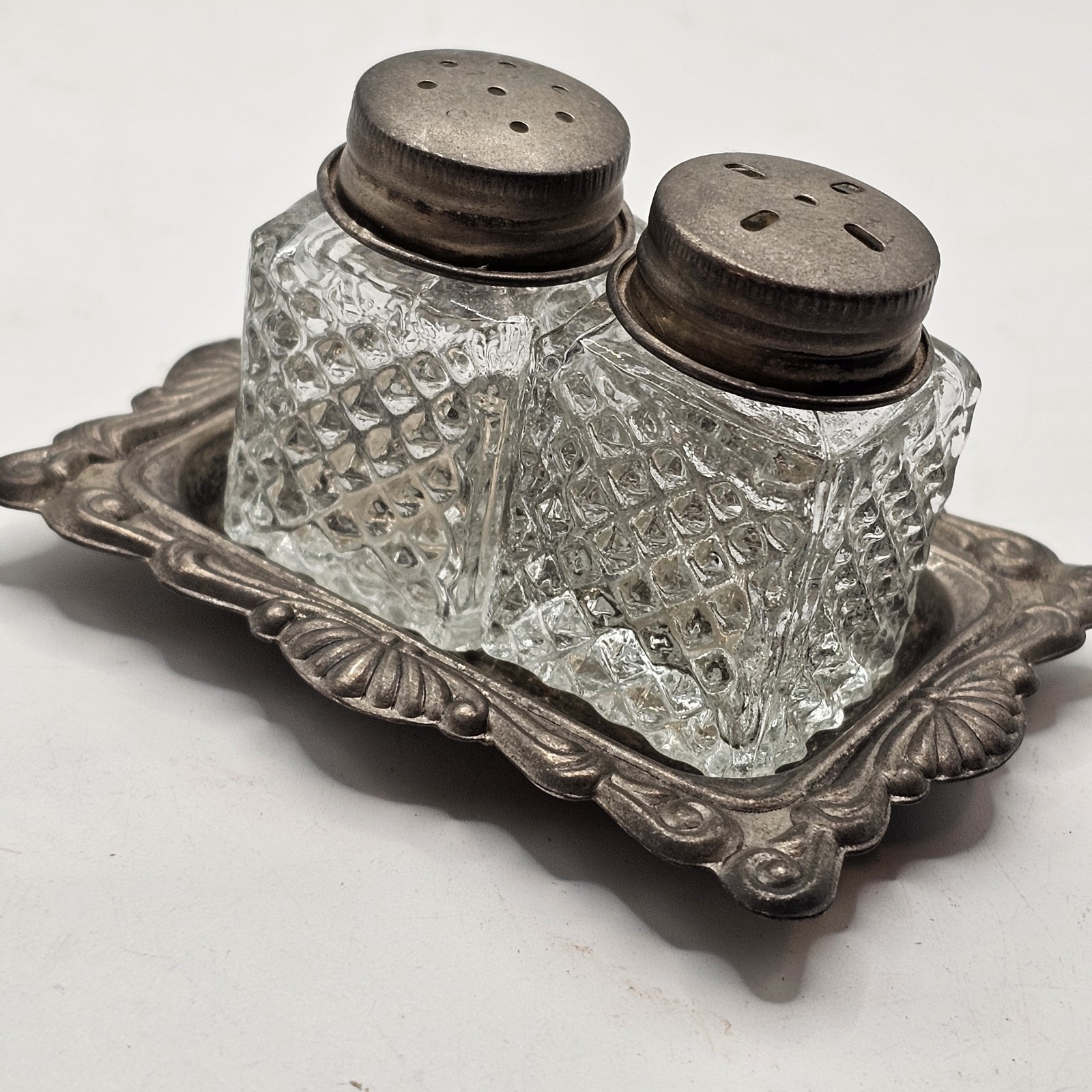 Vintage Mini Cut Clear Glass Salt Pepper Shakers with Silver Plated Tray