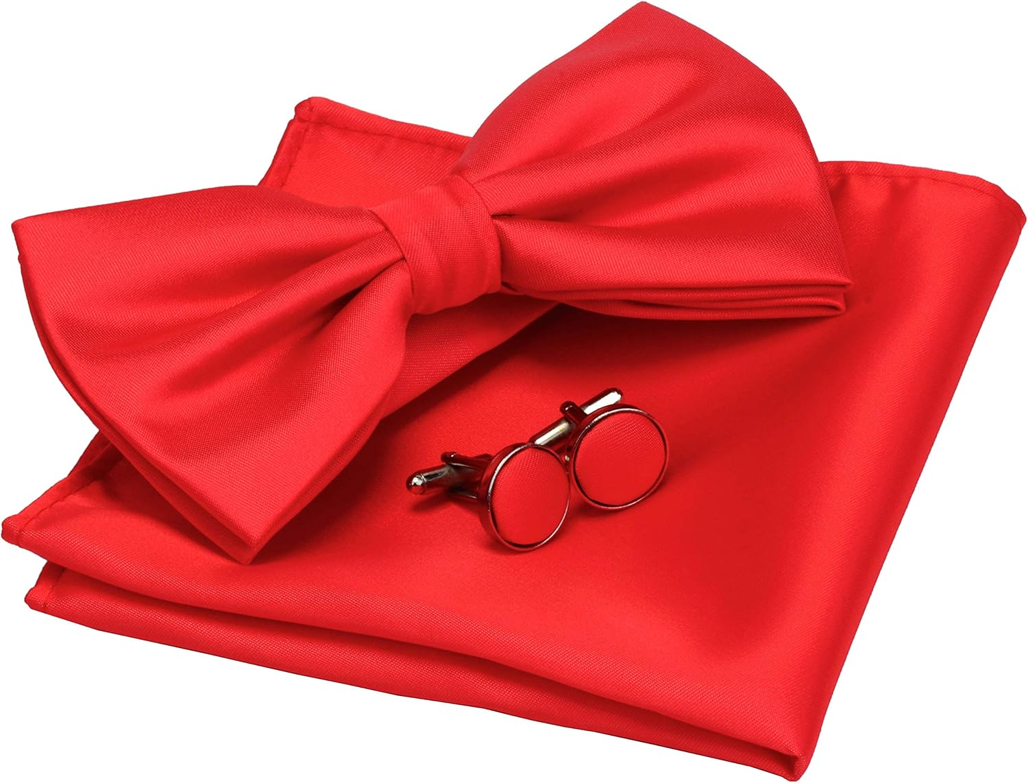 Mens Solid Color Double Fold Pre-Tied Bow Tie and Pocket Square Cufflink Set wit