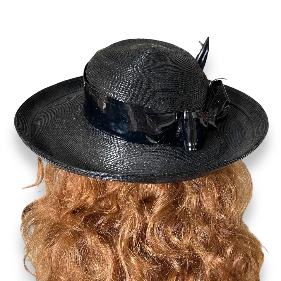 Vintage Black Straw Platter Hat Shiny Patent Leather Ladies Wide Brim 1980’s Bow - Image 3 of 4