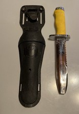 Vintage U.S. Aqua-Lung Dive Knife Yellow Handle Japan Stainless Steel w/ Sheath