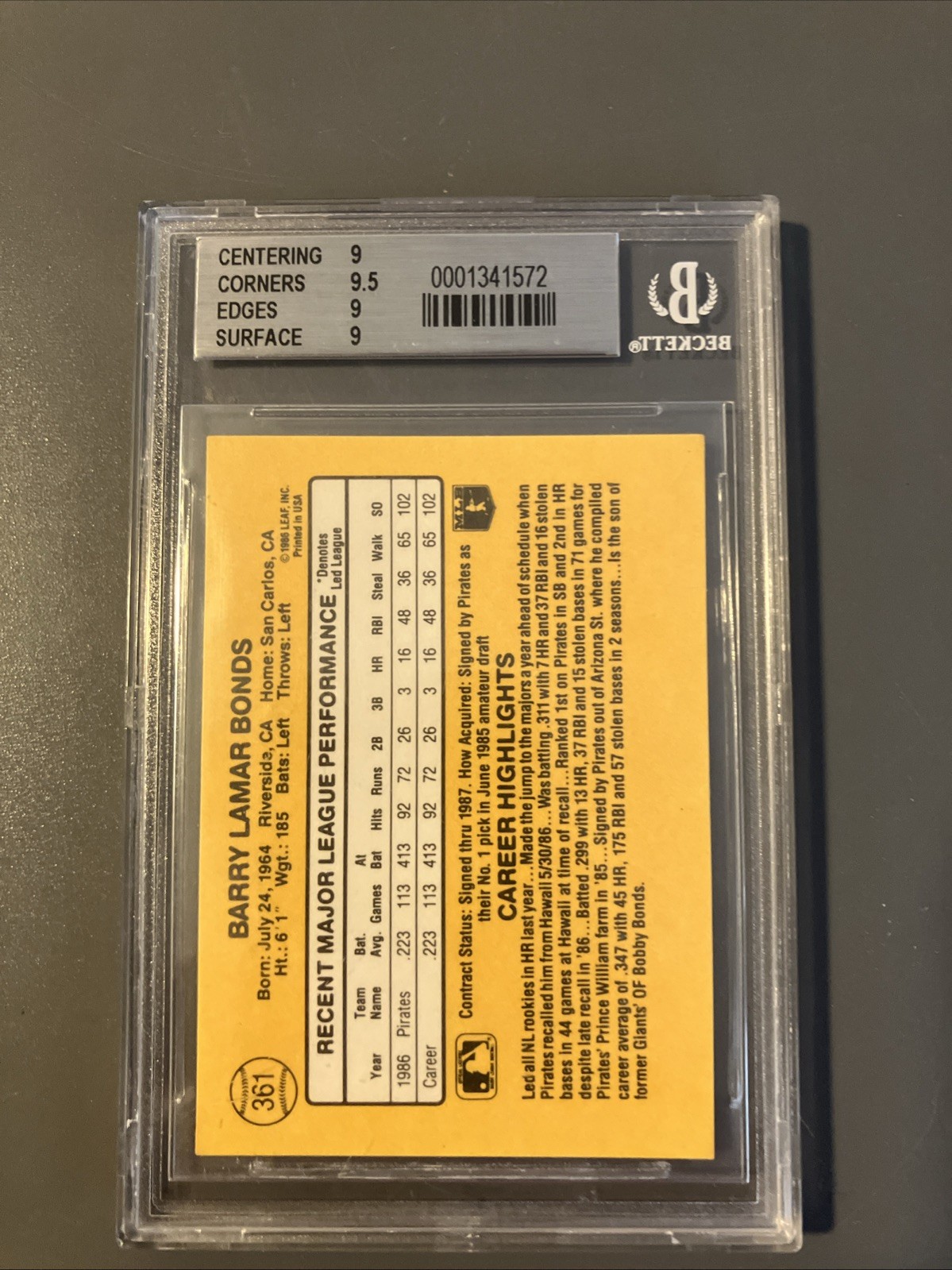 1987 Donruss Barry Bonds BGS 9 MINT #361 Rookie RC view 3