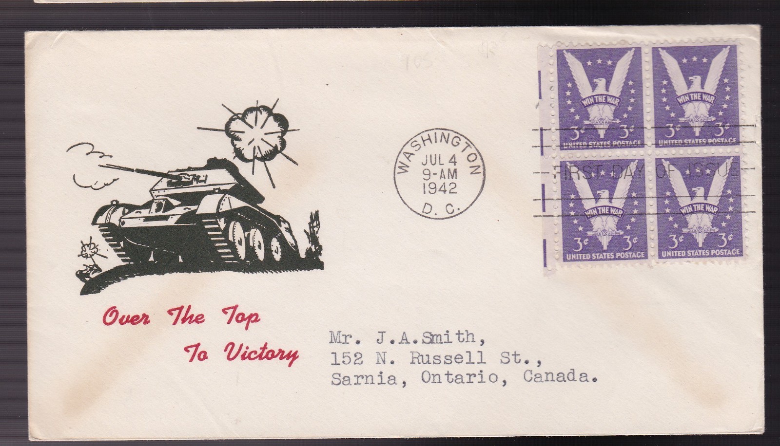 WIN THE WAR #905 BL US FIRST DAY COVER 1942, PATRIOTIC CACHET FDC