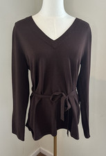 NWT Cable & Gauge Women L Silk Blend V Neck Sweater Brown Tie Waist Knit Top