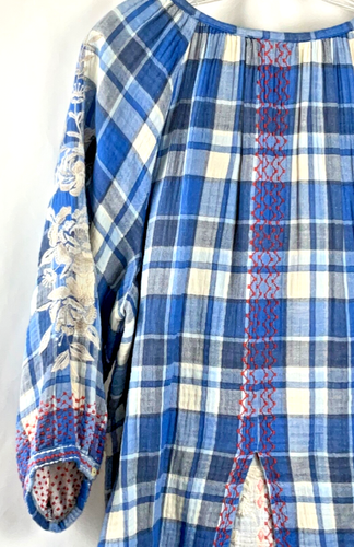 JOHNNY WAS Surya blau creme weiß rot bestickt 3/4 Arm Boho Tunika Bluse L - Bild 9 von 14