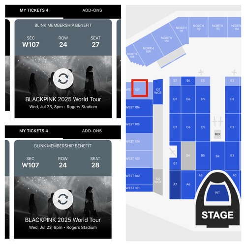 *2x TICKETS* BLACKPINK 2025 TOUR TORONTO JULY 23 *Sec W107, Row 24, Seat 27-28*