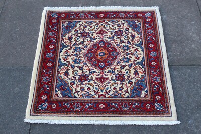 Feiner Vintage Handgeknüpfter Traditioneller Orientteppich Wolle Weiß Blau Klein 78x69cm