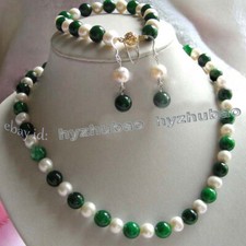 Natural White Pearl 10mm Green Jadeite Gems Necklace +Bracelet+ Earrings Set 18