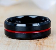 Black Tungsten Ring Red Groove Brushed Black Mens Wedding Band Beveled Edge