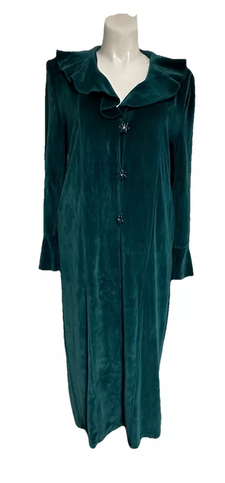 Norm Thompson Velour Emerald Green Ruffle House Coat Robe Flower Buttons Pockets - Image 3 of 4