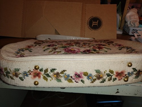 Vintage Needlepoint Floral bestickt Handtasche Gobelin dunkelgrün Kette - Bild 6 von 8