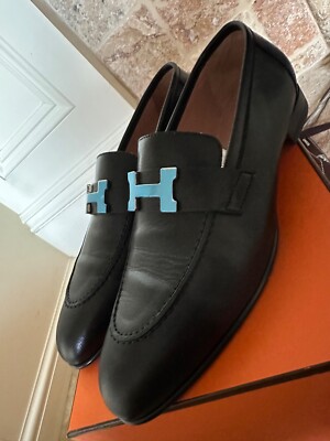 Hermes Paris Loafers Black Leather Palladium H Logo EU Size38 Goatskin Insole
