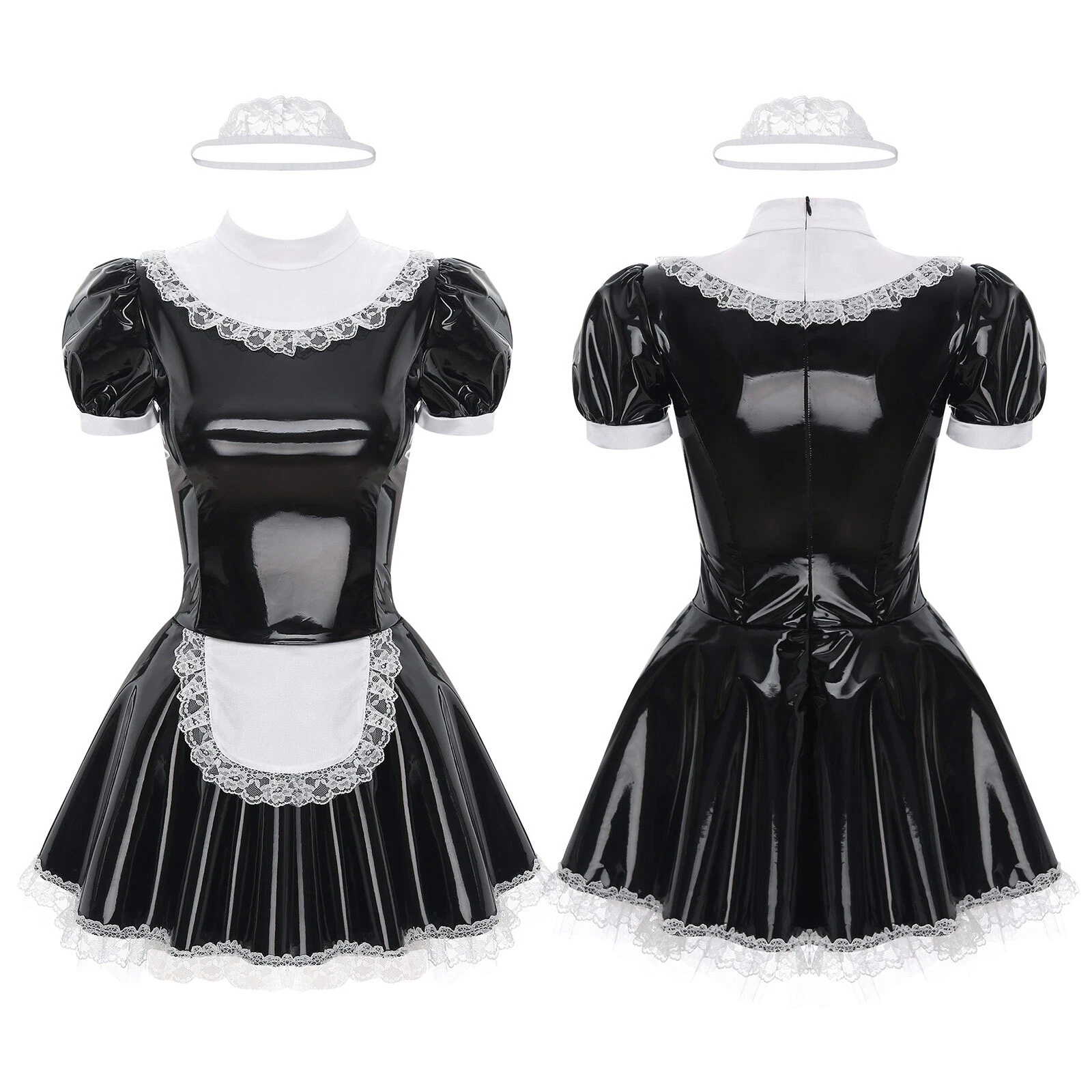 VALENTINO Costume cosplay da cameriera francese donna vestito pelle PVC lucido e fascia