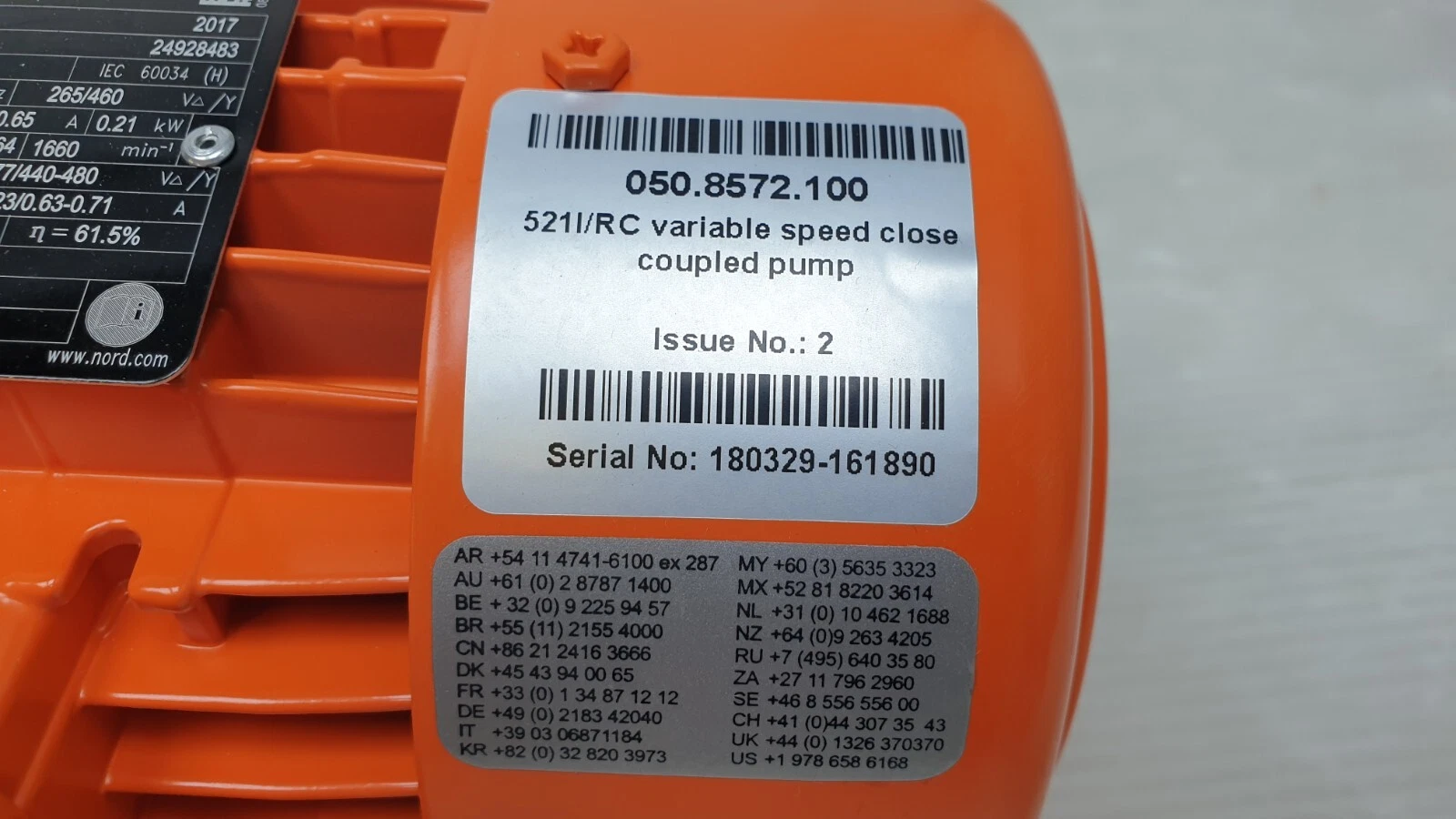 Watson-Marlow label 050.8572.100, 521I/RC variable speed close coupled pump, serial 180329-161890