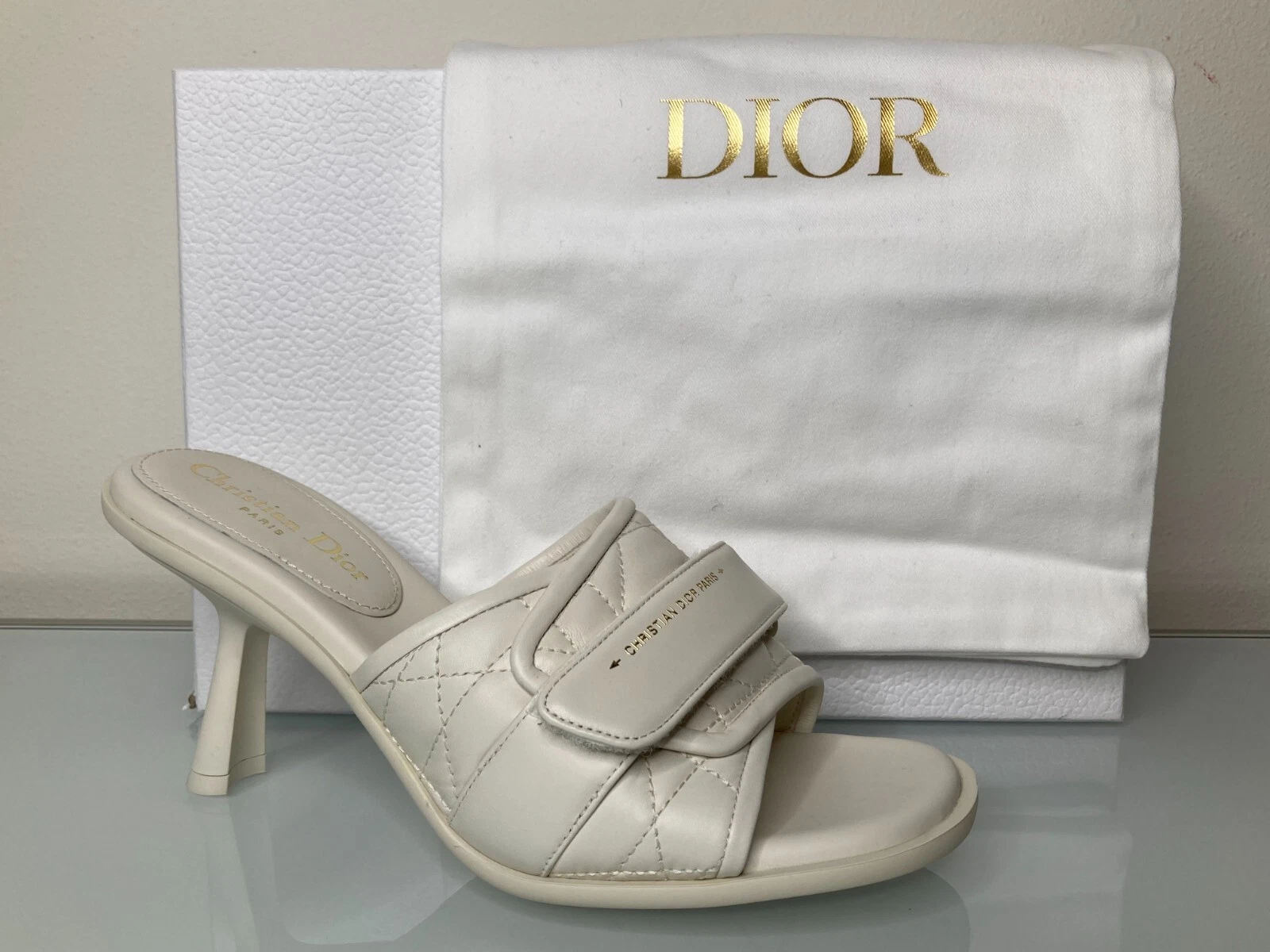 NIB,190 Dior White Quilted Leather Evolution Slide Sandals Heels