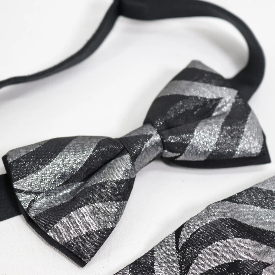 Formal Mens 100% Silk Bow Tie & Cummerbund Set Pleated Geo Abstract Silver Black - Image 2 of 4