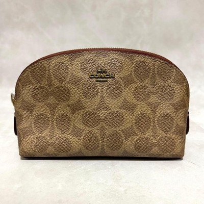Coach Beige Signature Round Pouch Cosmetic Pouch