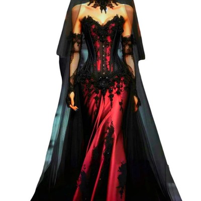red and black mermaid wedding dresses Black Mermaid Wedding Dress with Red & Black Lace Cape