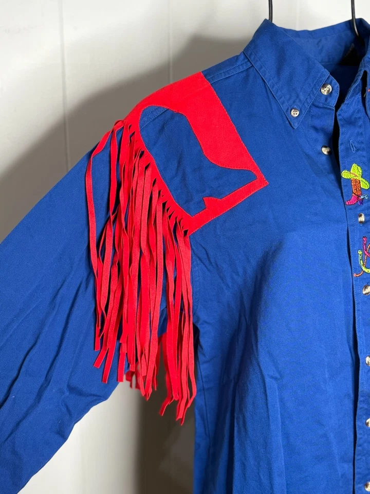 Camisa de Colección Hecha a Mano Azul Rojo Vaquero Occidental Flecos Botas Botón Herradura Foto 2 de 4