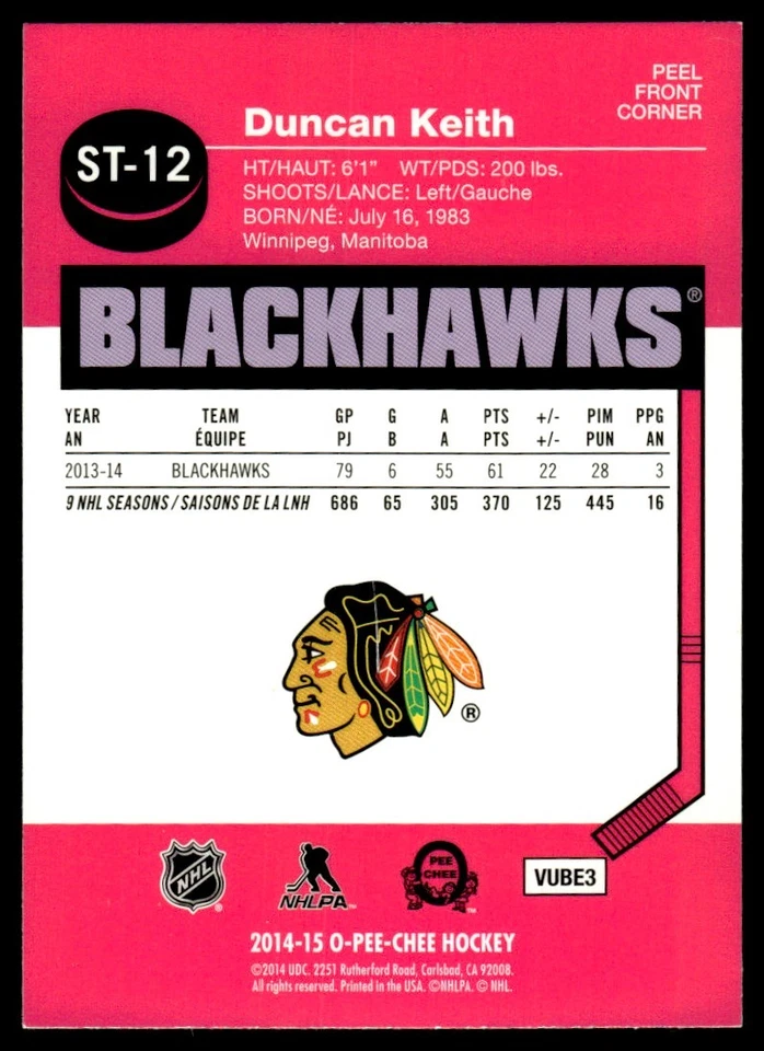 2014-15 O-Pee-Chee Stickers Duncan Keith Chicago Blackhawks #ST-12 - Image 2 of 2