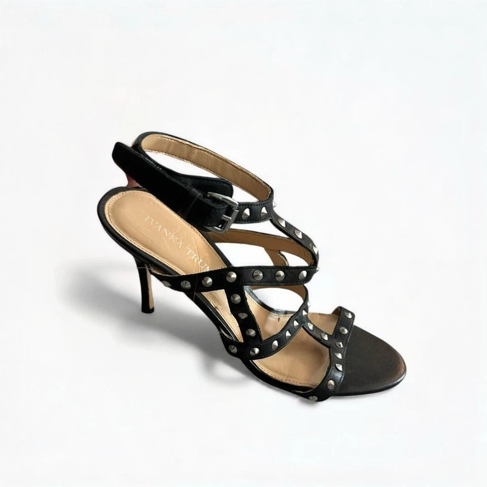 IVANKA TRUMP 8 Black Leather Strappy Heels Silver Spikes Studs R $169 - Image 2 of 4