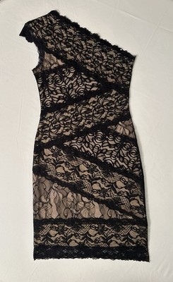 bebe Black Lace Overlay Dress One Shoulder Stretchy Bodycon Dress S Y2K Inspired