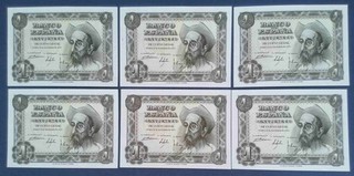 Lote de 6 billetes correlativos de una peseta de 1951. SC/UNC . P139