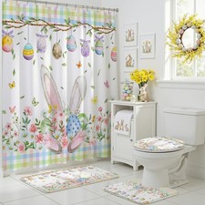 4pcs Easter Shower Curtain Set Cute Bunny Eggs Spring Floral Shower Curtain for
