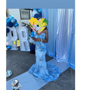 Light Blue Floral Off-Shoulder Girls' Elegant Formal Prom Dress for Girls