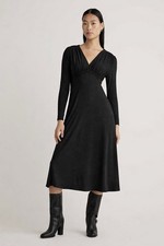 Quince Tencel Jersey V-Neck Long Sleeve Midi Dress Black Travel NEW Womens Large