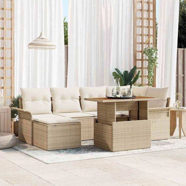 7-Teiliges Garten-Sofa-Set Mit Kissen Beige Poly Rattan-image