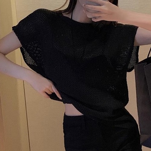 Summer Hollow Out Short Sleeve Loose Fit TShirts for Women Casual Style - Zdjęcie 4 z 19