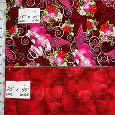 Valentine Cotton Fabric Lot Hearts Roses Love Words 2 Pc