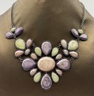 Large Pastel Stone Bib Statement Necklace — Purple, Green & Pink Silver Tone