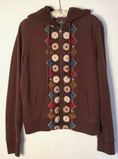Vtg Y2K Lucky Brand W. XL Hoodie Zip Embroidered Floral Appliqued Brown Sherpa