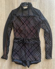 Weissman Dance Costume Black Silver Unitard Long Sleeve Sequins SA Adult Small