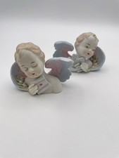 Bardzo stary porcelanowy cherub anioł popiersie figurki arkusz muzyka harfa