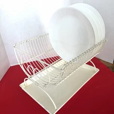 VTG Metal White Dish Rack with Tray, Metal Wire Drainer French Country 13x9x8.5”