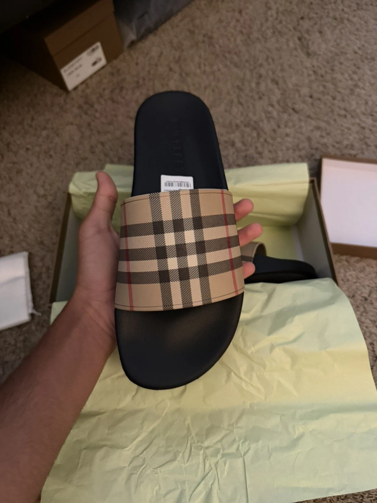 Burberry Men's Check Slide Sandals Beige/Black Open Toe US 10 EU 43
