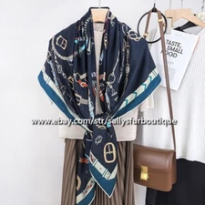 Sallys 70% Cashmere 30% Silk Wrap Scarf Chains Print Double Face Shawl 53" Navy