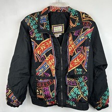 Vtg Windbreaker Womans L Y2K Pattern Full Zip Jacket Multicolor Rock Creek 80's
