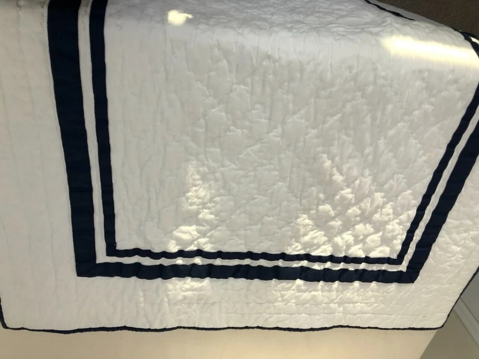 Pottery Barn Kids HandStitched Crib Quilt 28X52 & Dust Ruffle White Navy Ribbon - Image 2 of 4
