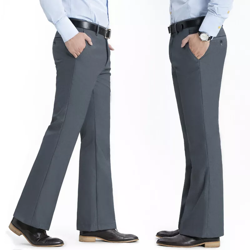 Men Bell Bottom Pants Warm Lined Retro 70s Flare Formal Dress Trousers Slim  Fit