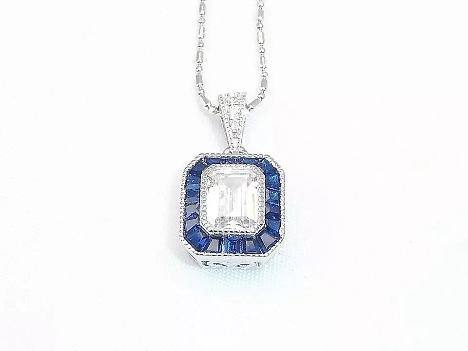 Colgante de plata 925 con diamantes y zafiros creados en laboratorio blanco diseño Art Deco de 2,50 quilates Foto 3 de 4