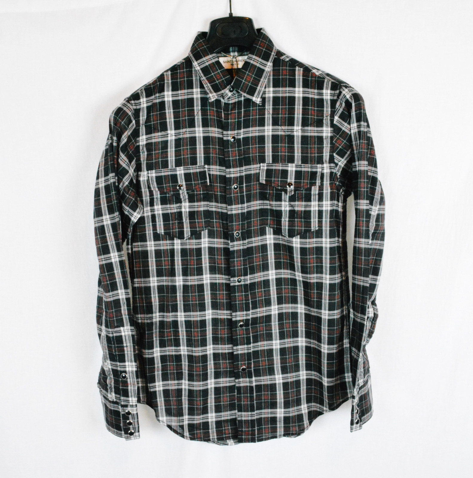 Saint Laurent Paris Camicia Western Flanella Plaid Rosso Bianco Nero Nuova Small S