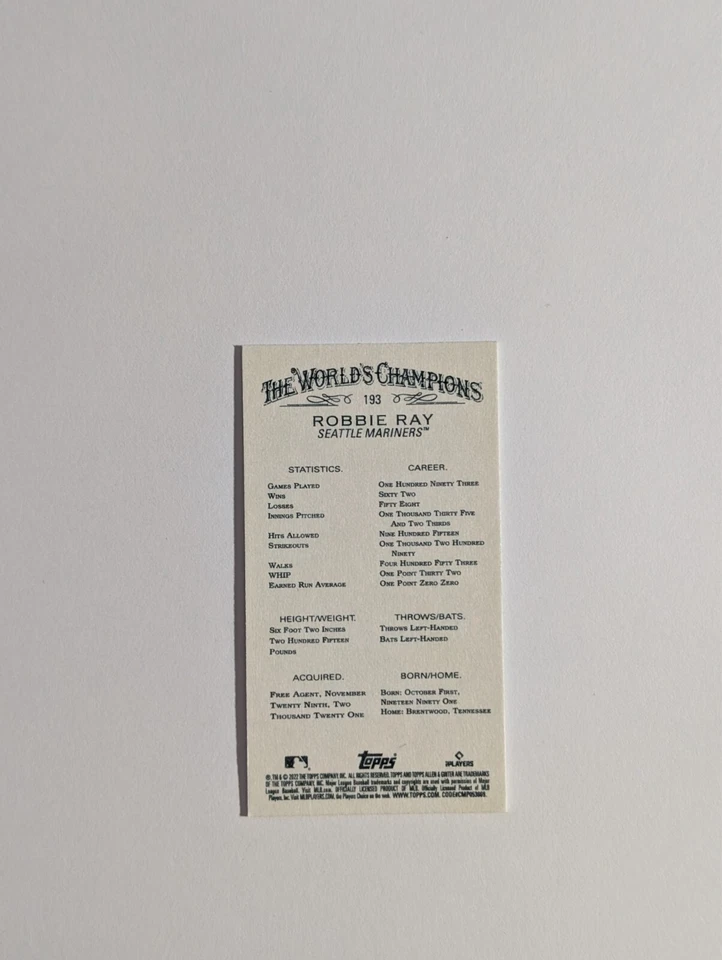 2022 Topps Allen & Ginter - Mini #193 Robbie Ray - Image 2 of 2