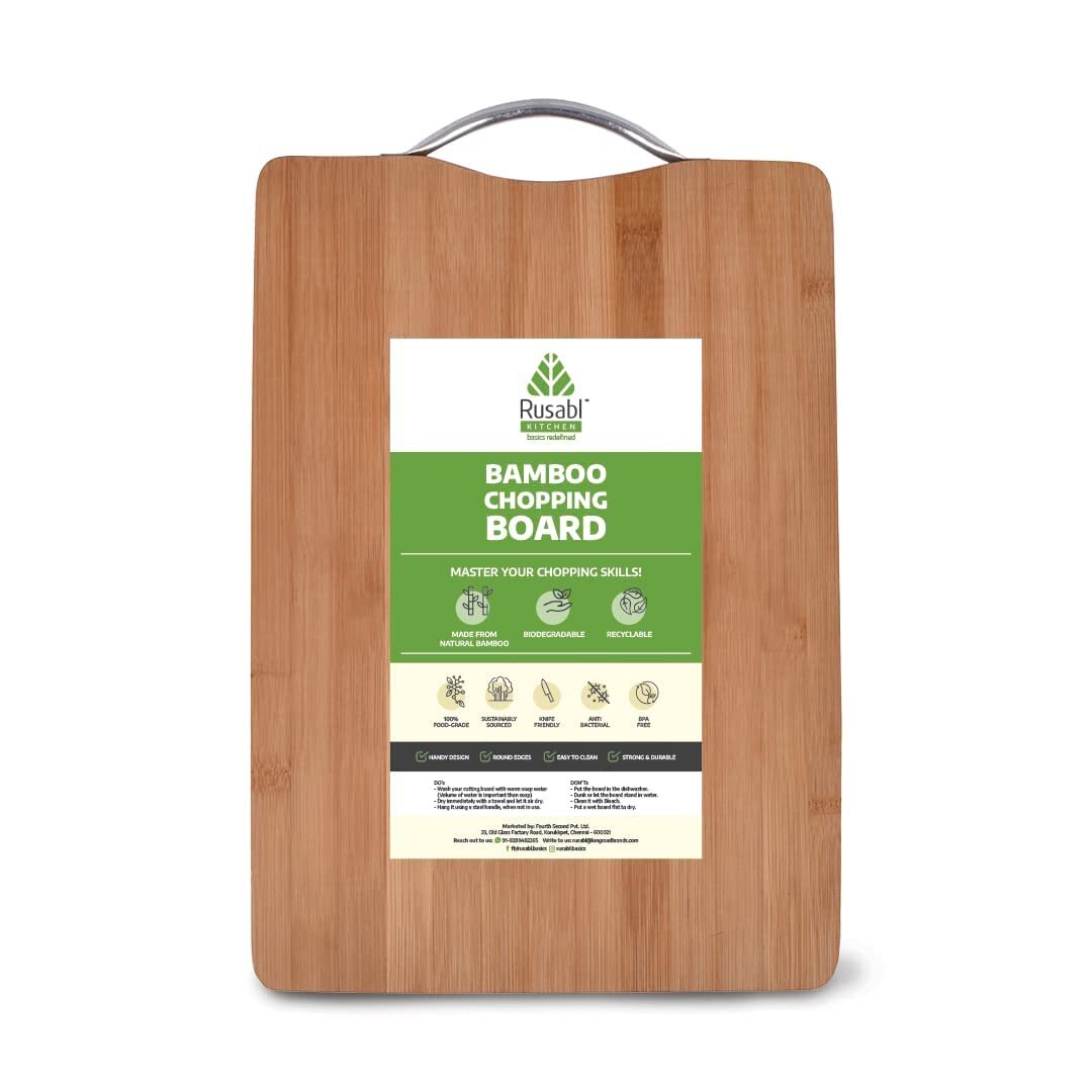 Bamboo Chopping Board With Metal Handle For Kitchen Extra Large 26 x 36 x 1.8 Cm
