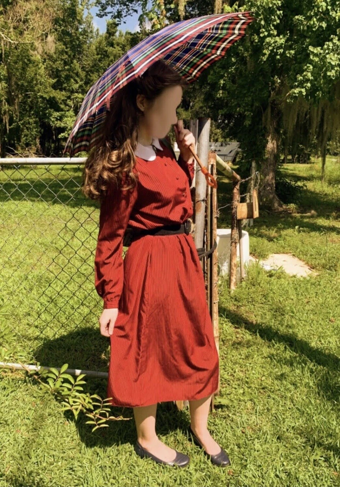 Vintage MS Chaus Dress Red Striped Peter Pan Collar Blouson Fit N Flare 80’s 90s - Image 2 of 4